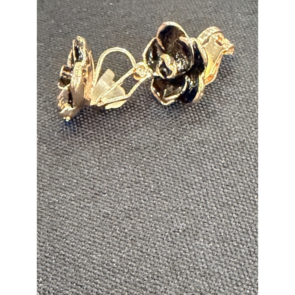Black Rose Flower Clip On Earrings for Women Non Pierced Earrings Rose Gold Tone - Picture 2 of 7
